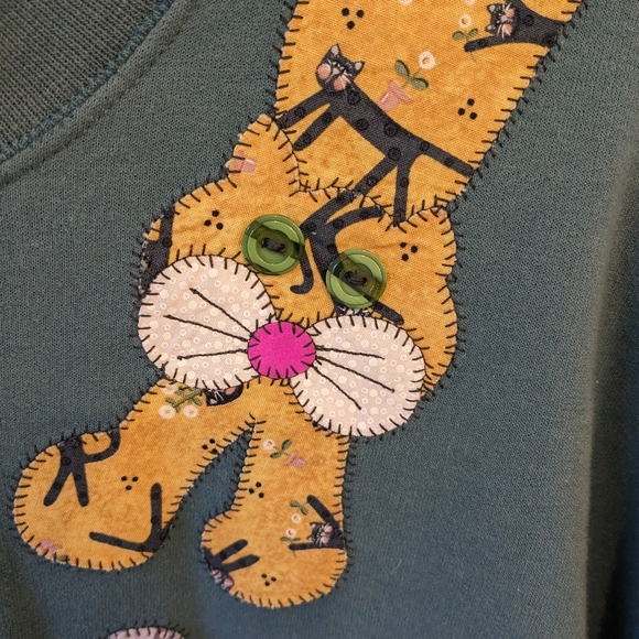 Vintage Jerzees Tag Quilted Stitched Cat Mockneck Cropped Sweatshirt Size Large - Picture 3 of 6